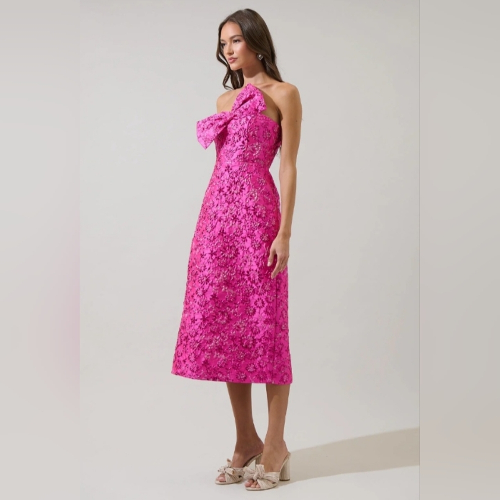 Sugarlips Strapless Hot Pink Lace Midi Dress with Sculpted Bow - Picture 2 of 3